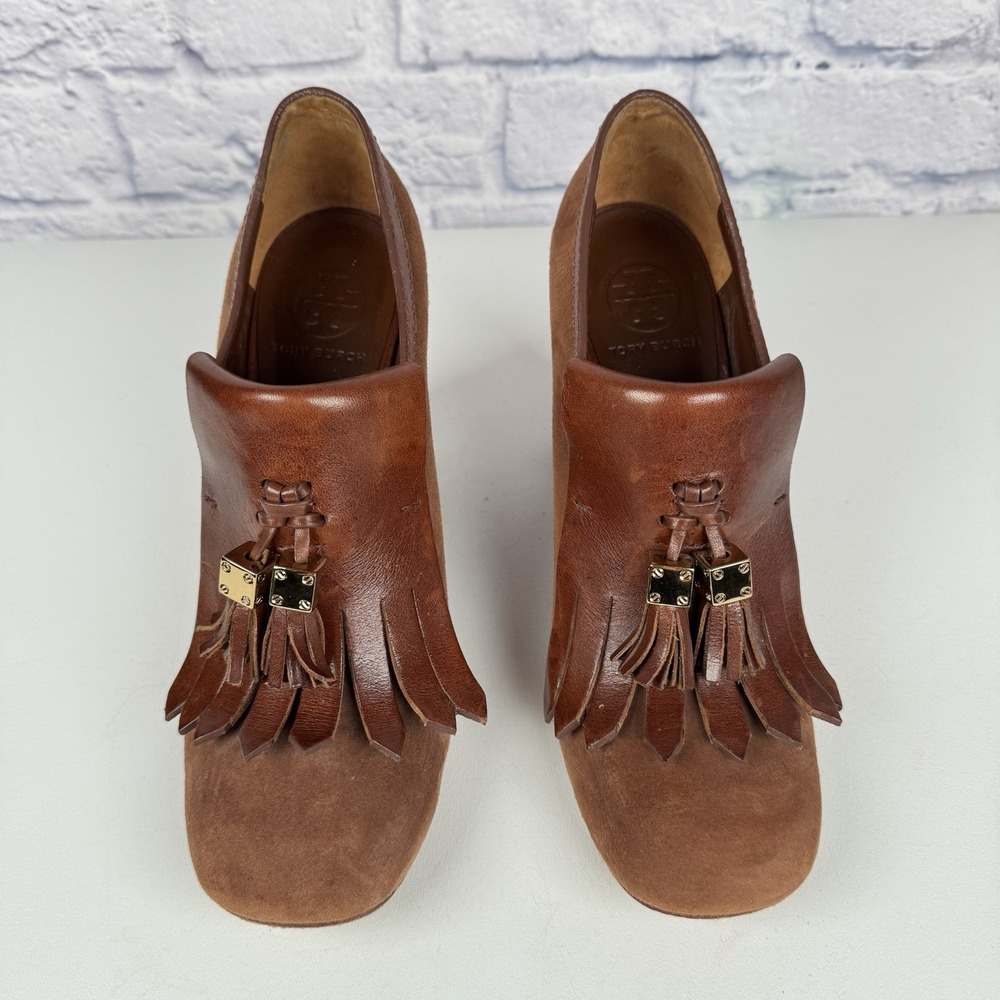 Tory Burch Arelia Brown Suede Leather Kiltie Pump Stacked Heels Tassels Sz 9.5 M - Picture 5 of 13